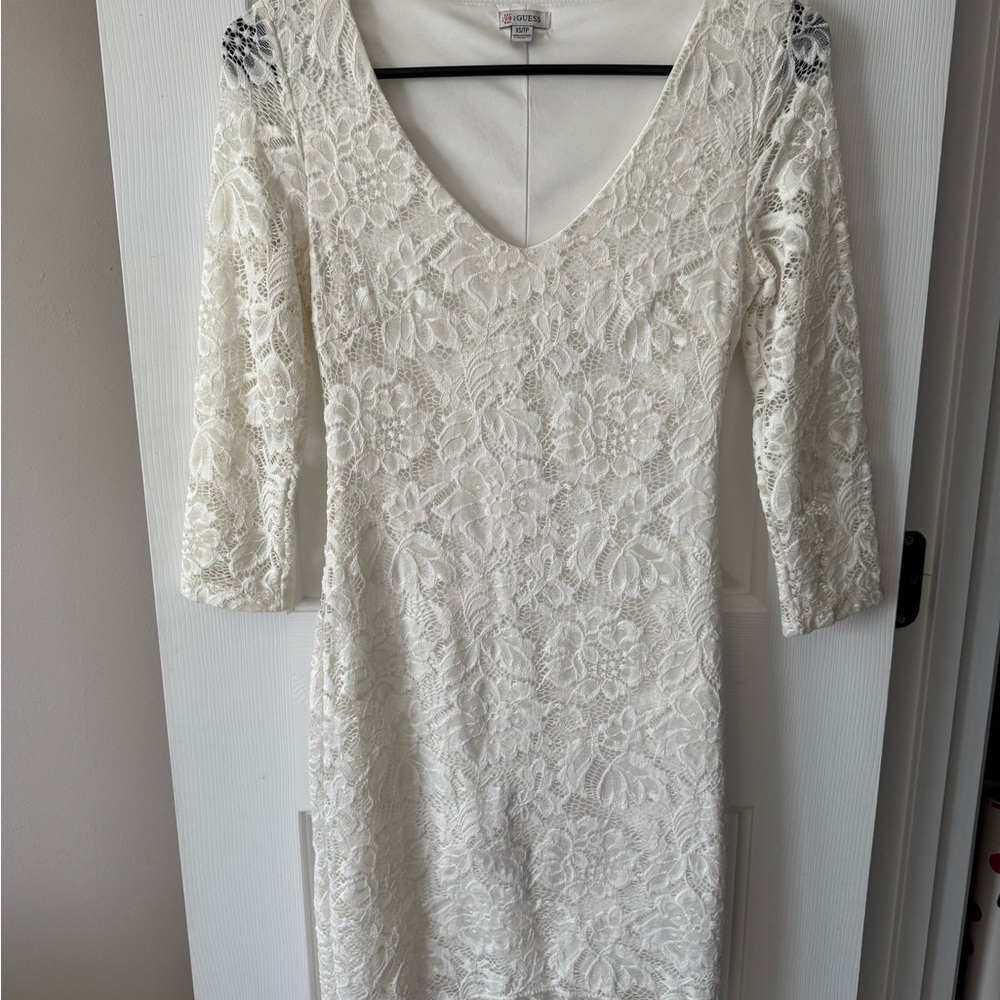 Guess Ivory Lace Long-Sleeve V-Neck Dress